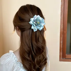 Blue flower hair clip for women, vintage rose hairpin elegant duckbill clip hair accessory.