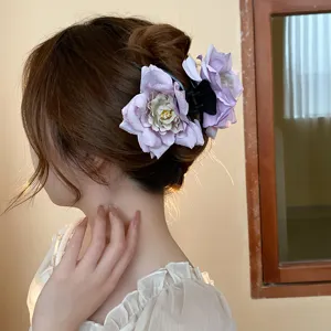 Elegant purple rose hair claw clip for women, sweet floral shark clip for daily hair updo.