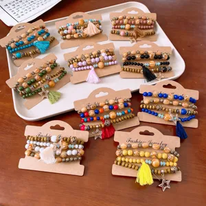 Bohemian Layered Beaded Wooden Bracelet Multi Row Tassel Charm Jewelry Alloy Rhinestone Leaf Butterfly Heart Crystal Strand Bracelets For Women Vacation Gift