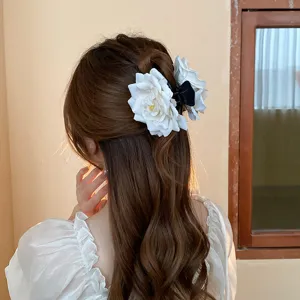 Sweet fashion white rose flower hair claw clip for women, elegant hair styling accessory.