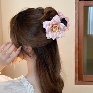 Sweet pink rose flower hair claw clip for women elegant fashion hair accessories updo shark clip