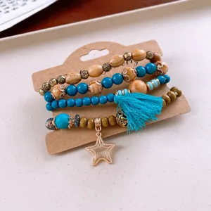 Bohemian multi-layer wood bead bracelet with tassel star pendant stylish hand jewelry