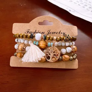 Bohemian multi-layer wooden bead bracelet set with tassel and alloy tree pendant for women.