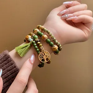 Bohemian multi-layer wooden bead bracelet with tassel and tree pendant for women fashion jewelry.