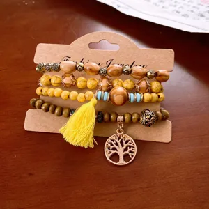 Bohemian multi-layer wood bead bracelet set with yellow tassel and tree pendant for women fashion.