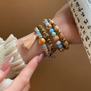 Boho multi-layer wood bead bracelet tassel star charm stackable bohemian jewelry for women