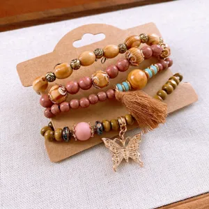 Boho multi-layer wood bead bracelet set with tassel and cute butterfly charm for women