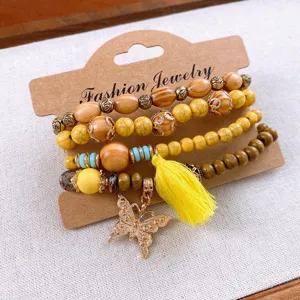 Bohemian multi-layer wooden bead bracelet set with butterfly pendant and tassel yellow