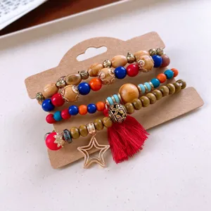 Bohemian multi-layer wooden bead bracelet set with star pendant and tassel for women.