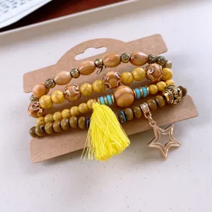 Bohemian multi-layer wooden bead bracelet yellow tassel star pendant fashion jewelry