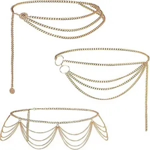 European American Fashion Metal Multi-Layer Waist Chain Women Vintage Ring Sunflower Pendant Body Chain Jewelry