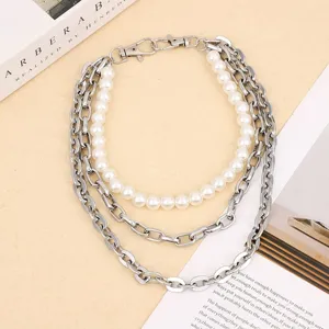 Punk retro multi-layer faux pearl and metal chain waist jewelry for women fashion style.