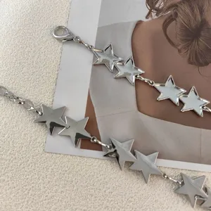 Silver star waist chain detail close-up, punk style body chain with adjustable clasp for women.