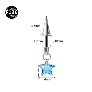 Titan Knorpel Piercing Stecker mit blauem Kristall Stern Anhänger und genauen Maßen.