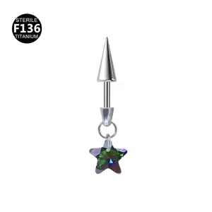 Titanium Piercing Detailansicht mit geradem Stab, Kegelspitze und schönem Sternkristall.