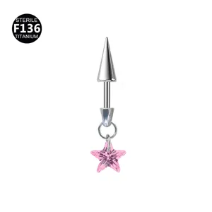 Detailansicht des F136 Titan Piercingschmucks mit einem funkelnden rosa Kristallstern.