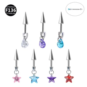 F136 Titan Knorpel Piercing Ohrringe mit bunten Zirkonia Stern und hängenden Tropfen Anhängern.