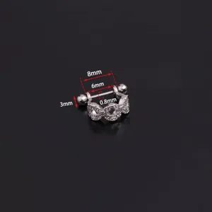 Vista dettagliata del piercing orecchio in acciaio inox 0.8x8mm con zirconi cubici scintillanti.
