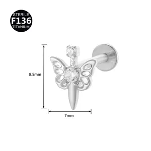 F136 Titan Labret Piercing Flache Rückseite Zirkonia Schmetterling Ohrknorpel Stecker