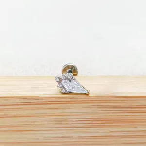 Nahaufnahme von F136 Titan Piercing Schmuck, zarter Labret Stecker mit funkelnden Steinen.