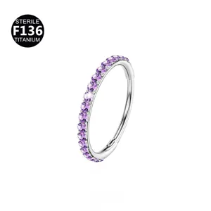 Detailed view of the titanium hinged segment clicker ring with purple cubic zirconia stones.