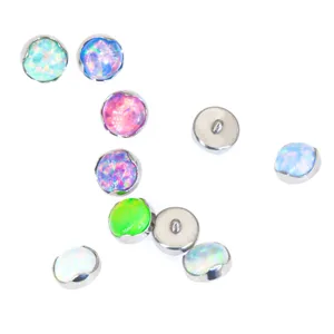 Titanium opal dermal piercing top detail, colorful threaded labret top replacement.