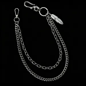 Punk Hip Hop Mehrschichtige Geldbörsenkette mit Federanhänger, coole silberne Metall Hosenkette.