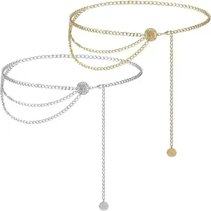 Women Fashion Retro Metal Sunflower Round Plate Waist Chain Multi Layer Body Chain Vintage Statement Waist Jewelry