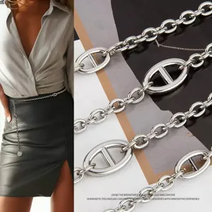 Silver tone metal pig nose chain waist belt, trendy fashion body chain jewelry for women.