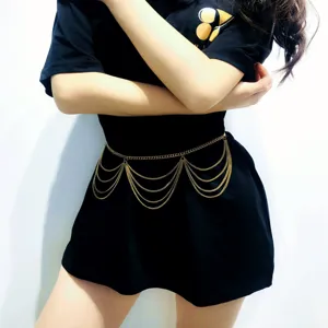 Gold multi-layer waist chain detail, fashion metallic body jewelry for women and girls.