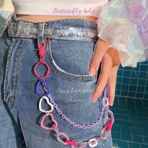 Women Fashion Multi Layer Waist Chain Punk Style Colorful Acrylic Love Heart Metal Pants Chain Body Jewelry For Club Party