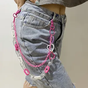 Trendy multi-layer acrylic waist chain, pink heart design hip-hop pants chain for women.