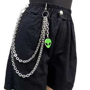 Multi-layer silver metal pants chain hip hop punk style with cool green alien pendant.