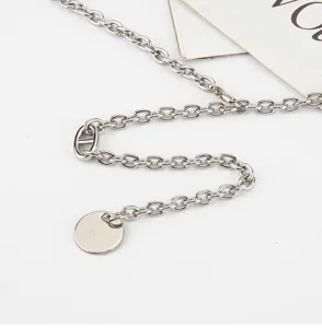 Silver metal chain belt, stylish pig nose link design with round pendant for women.