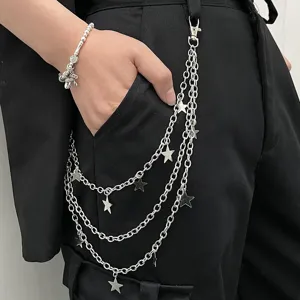Punk style multi-layer metal pants chain with star charms for women street fashion wear.