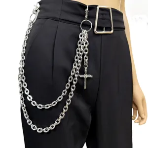 Punk multi-layer metal waist chain with cross pendant for women and men street fashion style.
