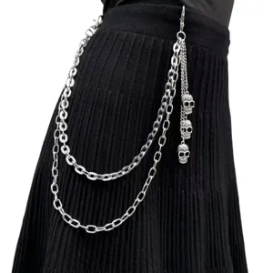 Punk multi-layer metal waist chain with cool skull pendants, stylish gothic hip hop trousers chain.