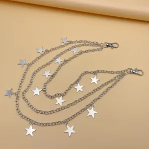 Punk style silver metal multi-layer star waist chain pants chain fashion accessory detail.