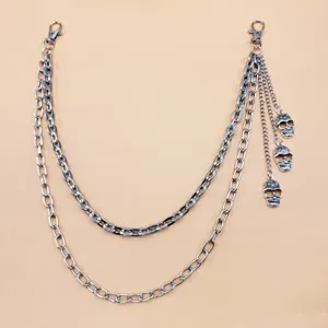 Detailed view of the punk style multi-layer metal skull pants chain with dual clasps.