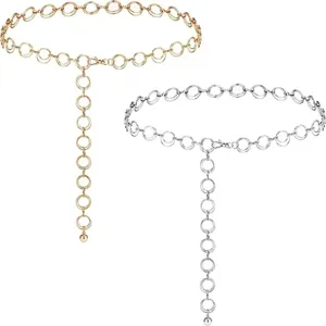 Metal chain belt detail close-up showcasing interlocking circular links and delicate drop design.
