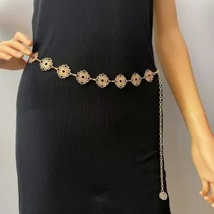 Goldene Metall hohle Blumen Taillenkette Detail, Vintage Körper Kette für Damen sexy Outfit.