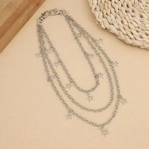 Punk style multi-layer metal pants chain with hollow star pendants detail view for street fashion