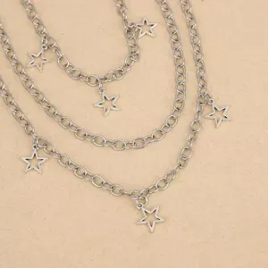 Punk style multi-layer metal pants chain with hollow star pendants for women street style