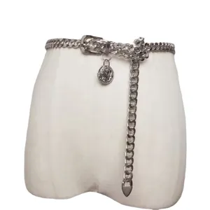 Women silver metal chain belt with vintage coin pendant chic waist fashion accessory