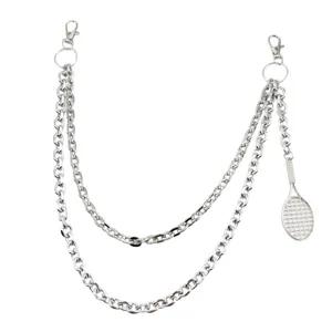 Punk metal waist chain with tennis racket pendant, double layer hip hop pants chain