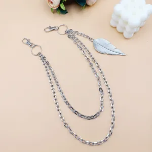 Trendy multi-laagse metalen broekketting met bladhanger, cool hip-hop punk tailleketting.