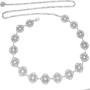 Silberne Metall Taillenkette mit hohlen Blumen, vintage Mode Body Chain für Damen sexy.