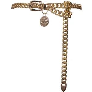 Gold metal chain belt with coin pendant stylish waist accessory for women detail view.