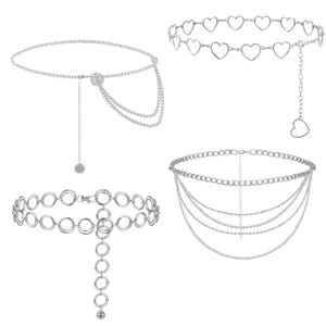 Silver metal waist chain set, heart and round ring body chain details for women.