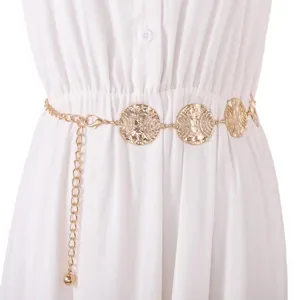 Gold metal waist chain detail featuring hollow circular medallions for women chic dress styling.